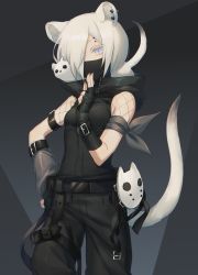 Rule 34 | 1girl, animal, animal ears, arknights, asuda, bare shoulders, black gloves, black pants, commentary, cowboy shot, ermine, ferret, ferret ears, ferret tail, fingerless gloves, fishnets, gloves, grey background, grey eyes, hair over one eye, hand up, highres, mask, mouth mask, pants, shirayuki (arknights), short hair, silver hair, standing, tail, weasel, weasel ears, weasel tail