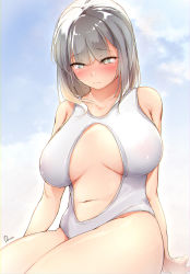 Rule 34 | bare arms, blue sky, blush, breasts, breasts apart, closed mouth, cloud, collarbone, commentary request, dermar, embarrassed, green eyes, grey hair, highres, large breasts, long hair, looking at viewer, navel, one-piece swimsuit, original, school uniform, simple background, sitting, sky, swimsuit, tearing up, thighs, white one-piece swimsuit