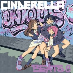 Rule 34 | #unicus (idolmaster), 3girls, :o, album cover, album name, antenna hair, black footwear, black hair, black jacket, black skirt, black socks, blazer, blue hair, blush stickers, boots, breasts, brown eyes, brown footwear, brown hair, closed eyes, collared shirt, colored inner hair, commentary request, cover, crying, drooling, floating hair, full body, graffiti, grey footwear, group name, hair intakes, hashtag, headlock, idolmaster, idolmaster cinderella girls, idolmaster cinderella girls starlight stage, inichigaichi, jacket, large breasts, loafers, long hair, long shirt, looking at another, loose socks, mask, mask pull, mouth mask, multicolored hair, multiple girls, multiple wristbands, necktie, no pants, pink hair, pink necktie, pleated skirt, print shirt, purple socks, ringlets, screentones, second-party source, shirt, shoes, short sleeves, sidewalk, skeleton print, skirt, socks, standing, sunazuka akira, surgical mask, tsujino akari, twintails, v-shaped eyebrows, white shirt, wrestling, yumemi riamu