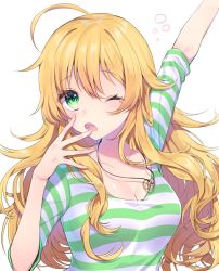 Rule 34 | 1girl, ahoge, arm up, blonde hair, breasts, cleavage, collarbone, finger to mouth, green eyes, highres, hoshii miki, idolmaster, idolmaster (classic), jewelry, long hair, medium breasts, necklace, one eye closed, open mouth, shirt, simple background, solo, striped clothes, striped shirt, tears, upper body, usano, very long hair, white background, yawning