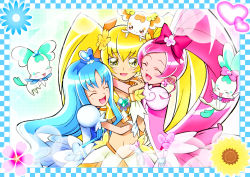 Rule 34 | 10s, 3girls, blonde hair, blue hair, blush, bow, brooch, chypre (heartcatch precure!), coffret (heartcatch precure!), cure blossom, cure marine, cure sunshine, closed eyes, flower, hanasaki tsubomi, happy, heart, heart brooch, heartcatch precure!, kurumi erika, long hair, magical girl, mahkn, midriff, multiple girls, myoudouin itsuki, navel, official style, orange bow, pink bow, pink hair, ponytail, potpourri (heartcatch precure!), precure, rainbow order, twintails, yellow bow, yellow eyes