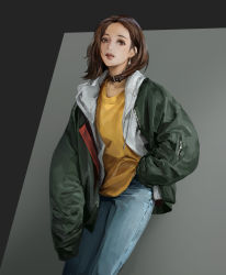 Rule 34 | 1girl, absurdres, against wall, animal collar, baggy clothes, blue pants, bomber jacket, brown eyes, brown hair, collar, commentary, denim, drawstring, earrings, english commentary, fashion, flat chest, green jacket, grey eyes, grey hoodie, hand in pocket, heterochromia, highres, hood, hoodie, jacket, jeans, jewelry, lips, medium hair, nose, open clothes, open hoodie, open jacket, original, oversized clothes, pants, shirt, solo, standing, streetwear, tomboy, tyler law, yellow shirt