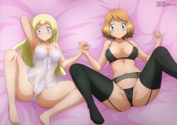 Rule 34 | 2girls, aged up, alternate breast size, arm behind head, armpits, ass, bad tag, bed sheet, black bra, black garter belt, black lingerie, black panties, blonde hair, blue eyes, blush, bra, breasts, cleavage, clothes, creatures (company), curled fingers, dress, eye contact, game freak, garter belt, green eyes, holding hands, knees, legwear garter, lillie (pokemon), lingerie, long hair, looking at another, looking at viewer, medium breasts, multiple girls, navel, nintendo, panties, pokemon, pokemon (anime), pokemon sm (anime), pokemon xy (anime), see-through, serena (pokemon), short hair, spread legs, thick thighs, thigh strap, thighhighs, thighs, thong, toes, underwear, white panties, wide hips, zel-sama