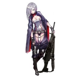 Rule 34 | 1girl, belt, black footwear, black gloves, boots, bowing, breasts, buckle, buttons, chain, chaps, cleavage, cleavage cutout, clothing cutout, cross, crotch cutout, eyebrows, fingerless gloves, full body, girls&#039; frontline, gloves, green eyes, grey hair, gun, hair between eyes, hair over one eye, head tilt, holding, holding gun, holding weapon, impossible clothes, impossible leotard, infukun, iron cross, knee boots, knee pads, large breasts, leotard, lips, looking at viewer, machine gun, mg5, mg5 (girls&#039; frontline), nail polish, official art, one eye closed, revealing clothes, short hair, solo, standing, strap, striped, transparent background, weapon