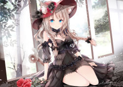 Rule 34 | 1girl, animal ear fluff, animal ears, arm support, artist name, black bow, black dress, black flower, black sleeves, blue eyes, bow, braid, breasts, brown hair, cat ears, cat girl, cat tail, cleavage, closed mouth, detached sleeves, dress, flower, hair bow, hat, hat flower, highres, long hair, looking at viewer, mutang, original, red flower, red hat, red rose, rose, see-through, see-through sleeves, short sleeves, signature, sitting, small breasts, smile, solo, tail, tree, twin braids, very long hair, window, yokozuwari