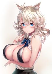 Rule 34 | 1girl, ahoge, animal ear fluff, animal ears, arm under breasts, bare shoulders, bikini, bikini under clothes, black bikini, black skirt, blue bow, blue bowtie, blue eyes, blush, bow, bowtie, breast hold, breasts, cat ears, cat girl, cleavage, collared shirt, commentary request, covered erect nipples, effort star, eyelashes, finger to cheek, finger to face, hair between eyes, hand up, highres, index finger raised, large breasts, light brown hair, long hair, looking at viewer, open clothes, open shirt, original, plaid, plaid bow, plaid bowtie, plaid neckwear, shiny skin, shirt, sidelocks, simple background, skindentation, skirt, sleeveless, sleeveless shirt, solo, standing, swimsuit, upper body, virtual youtuber, white background, white shirt, wing collar