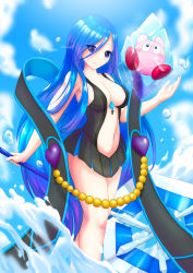 Rule 34 | 1girl, 1other, absurdres, artist name, axe, bare shoulders, blue eyes, blue hair, breasts, dress, francisca (kirby), highres, ice, kirby, kirby: star allies, kirby (series), large breasts, long hair, looking at viewer, natsuring, nintendo, shawl, shiny skin, short dress, smile, very long hair, water, weapon