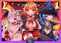 Rule 34 | 3girls, alternate costume, amane kanata, arm under breasts, blue eyes, blue hair, bow, breasts, cape, diagonal-striped bow, doukyo&#039;s, flat chest, halloween, hat, highres, hololive, horns, hoshimachi suisei, kiryu coco, large breasts, looking at viewer, multiple girls, mummy costume, orange eyes, orange hair, pointy ears, red skirt, sakuramochi (sakura frappe), skirt, virtual youtuber, wings, witch, witch hat
