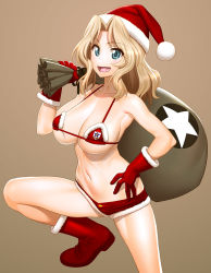 Rule 34 | 10s, 1girl, bikini, bikini top only, blonde hair, blue eyes, blush, boots, breasts, cleavage, commentary, emblem, fur-trimmed bikini, fur-trimmed gloves, fur trim, girls und panzer, gloves, hat, highres, kay (girls und panzer), large breasts, long hair, looking at viewer, minazuki juuzou, navel, open mouth, red footwear, red gloves, red shorts, sack, santa boots, santa hat, short shorts, shorts, simple background, smile, solo, star (symbol), swimsuit, tongue