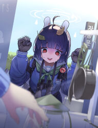 Rule 34 | 1girl, absurdres, animal ears, binoculars, black gloves, blue archive, blue hair, blue serafuku, blunt bangs, blurry, clenched hands, commentary request, crying, depth of field, fake animal ears, future cake, gloves, green neckerchief, halo, hands up, highres, knife, korean commentary, leaf, leaf on head, looking at object, miyu (blue archive), neckerchief, school uniform, serafuku, solid circle eyes, solo, white halo