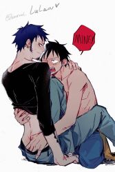 Rule 34 | 2boys, arm tattoo, ass grab, black hair, black shirt, blue pants, blush, closed mouth, commentary request, demorzel, earrings, english text, facial hair, full-face blush, goatee, hand on another&#039;s back, hand tattoo, hand under clothes, highres, jewelry, male focus, monkey d. luffy, multiple boys, neck blush, one piece, open mouth, pants, shirt, short hair, speech bubble, sweatdrop, tattoo, topless, trafalgar law, yaoi, yellow eyes