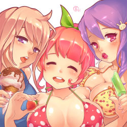 Rule 34 | 3girls, ahoge, bikini, blush, breast press, breasts, brown hair, candy, cleavage, closed eyes, food, fruit, hair ornament, hair ribbon, hairpin, highres, ice cream, ice cream cone, large breasts, lollipop, mei (ohayou girls), mouth hold, multiple girls, nail polish, ohayou girls, open mouth, orange hair, original, popsicle, purple eyes, purple hair, red eyes, ribbon, sexually suggestive, sidelocks, signature, simple background, smile, strawberry, swimsuit, tongue, tongue out
