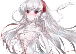Rule 34 | 1girl, arcaea, armpits, artist request, beat saber, blush, breasts, breasts out, character request, closed mouth, colored skin, cum, cum on body, cum on breasts, cum on hands, cum on upper body, facial, female focus, headphones, nipples, red eyes, revealing clothes, simple background, small breasts, solo, upper body, white hair, white skin
