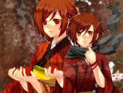 Rule 34 | 1boy, 1girl, bad id, bad pixiv id, brown hair, couple, flower, genderswap, genderswap (ftm), hetero, japanese clothes, kimono, meiko (vocaloid), meito, nez-doll, red eyes, red theme, rose, scarf, short hair, sigre (vocaloid), vocaloid