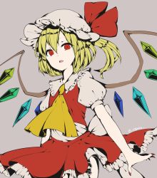 Rule 34 | 1girl, ascot, bad id, bad twitter id, bat wings, blonde hair, bow, collar, crystal, egret, flandre scarlet, frilled collar, frilled shirt collar, frilled skirt, frills, hat, hat bow, hat ribbon, highres, mob cap, one-hour drawing challenge, open mouth, puffy short sleeves, puffy sleeves, red eyes, ribbon, short sleeves, side ponytail, skirt, skirt set, solo, touhou, wings