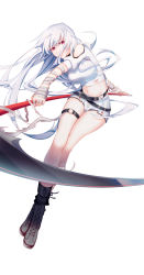 Rule 34 | 1girl, absurdres, bandaged arm, bandages, closers, crop top, floating hair, grey footwear, highres, holding, holding scythe, llg062666, long hair, looking at viewer, midriff, mirae (closers), navel, red eyes, scythe, short shorts, short sleeves, shorts, simple background, solo, stomach, thigh strap, very long hair, white background, white hair, white shorts