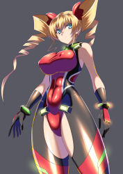 Rule 34 | 10s, 1girl, bare shoulders, blonde hair, blue eyes, bnc (bunshi), bodysuit, breasts, claire harvey, covered erect nipples, covered navel, drill hair, earrings, from below, frown, gloves, glowing, grey background, hair between eyes, hair ornament, hundred (light novel), impossible clothes, jewelry, large breasts, leotard, long hair, looking to the side, shiny clothes, simple background, skin tight, solo, standing, twin drills