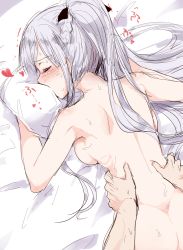 Rule 34 | 1girl, ak-12 (girls&#039; frontline), ass, back, backboob, bed sheet, blush, braid, breasts, commentary request, closed eyes, girls&#039; frontline, heart, highres, hourai kochou, long hair, lying, massage, medium breasts, nude, hugging object, on bed, on stomach, pillow, pillow hug, ponytail, silver hair, solo focus, sweat