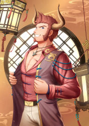 Rule 34 | 1boy, bara, blue eyes, brown hair, bulge, chinese zodiac, cow boy, cow horns, cowboy shot, cross scar, facial hair, fate/grand order, fate (series), goatee, highres, horns, jewelry, lamp, leather belt, long sideburns, male focus, mature male, muscular, muscular male, napoleon bonaparte (fate), necklace, ninomiya reisui (chieh ren), open clothes, open shirt, pants, pectoral cleavage, pectorals, red shirt, scar, scar on chest, shirt, short hair, sideburns, smile, smirk, solo, white pants, year of the ox