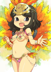 Rule 34 | 1girl, :d, absurdres, animal crossing, bare shoulders, black eyes, breasts, brown hair, cowboy shot, eyelashes, feathers, headdress, highres, jewelry, legs together, looking to the side, medium breasts, muramasa mikado, necklace, nintendo, open mouth, panties, pave (animal crossing), pink gemstone, pink panties, revealing clothes, samba, short hair, smile, solo, standing, thighs, underwear, villager (animal crossing), wristlet