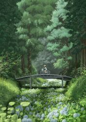 Rule 34 | 1girl, absurdres, bad id, bad pixiv id, bare legs, basket, bicycle, black hair, bridge, brown hair, bush, domo1220, flower, forest, from side, grass, green theme, hat, highres, hydrangea, leaf, looking away, nature, original, outdoors, profile, riding, scenery, short hair, shorts, solo, sun hat, tree, wide shot, yamaaaa