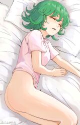 Rule 34 | 1girl, absurdres, ass, bed sheet, bottomless, breasts, closed eyes, curly hair, green hair, highres, lying, medium hair, mishislover, on side, one-punch man, parted lips, pillow, pink shirt, shirt, signature, sleeping, small breasts, solo, tatsumaki, thighs