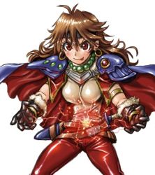 Rule 34 | 1girl, amania orz, armor, breasts, brown hair, cape, earrings, gloves, headband, jewelry, lina inverse, long hair, looking at viewer, red eyes, shoulder armor, simple background, slayers, smile, solo, weapon, white background