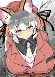 Rule 34 | 1girl, :3, alternate breast size, animal ear fluff, animal ears, arrow (symbol), blush, breast pocket, breasts, closed mouth, fox ears, fox girl, fox tail, ginzake (mizuumi), grey hair, hair between eyes, head tilt, headset, huge breasts, impossible clothes, impossible jacket, island fox (kemono friends), jacket, kemono friends, kemono friends v project, leaning forward, leaning to the side, long hair, long sleeves, looking at viewer, meme attire, motion lines, multicolored hair, necktie, pocket, red hair, red jacket, ribbon, shirt, sketch, slit pupils, smile, solo, tail, twintails, upper body, very long hair, virgin killer sweater, virtual youtuber, white hair, yellow eyes