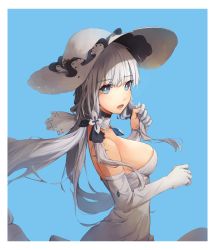 Rule 34 | 1girl, armlet, azur lane, bad id, bad pixiv id, blue background, blue eyes, blue gemstone, blush, breasts, choker, cleavage, dress, elbow gloves, floating hair, from side, gem, gloves, hair ornament, hair ribbon, hat, highres, holding, holding hair, illustrious (azur lane), jewelry, lace-trimmed hat, lace trim, large breasts, long hair, looking at viewer, low twintails, mole, mole under eye, nimu (099), partially fingerless gloves, pendant, ribbon, simple background, skindentation, smile, solo, sun hat, tress ribbon, twintails, white dress, white gloves, white hair, white hat