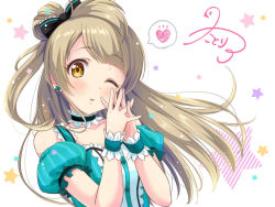 Rule 34 | 10s, 1girl, bad id, bad pixiv id, bow, brown eyes, brown hair, character name, character signature, detached sleeves, hair bow, heart, idol, long hair, love live!, love live! school idol festival, love live! school idol project, minami kotori, one eye closed, open mouth, own hands together, puffy detached sleeves, puffy sleeves, side ponytail, signature, smile, solo, spoken heart, star (symbol), yuuki (yukinko-02727)