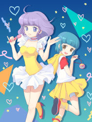 Rule 34 | 2girls, :d, antenna hair, blue eyes, blue hair, breasts, brown eyes, casual, cleavage, creamy mami, dual persona, holding, hood, hooded sweater, jewelry, leotard, long hair, looking at viewer, mahou no tenshi creamy mami, microphone, moai (aoh), morisawa yuu, multiple girls, open mouth, pendant, pleated skirt, purple hair, short hair, skirt, smile, socks, standing, standing on one leg, sweater