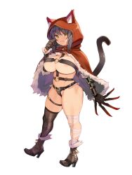 Rule 34 | 1girl, animal ears, asymmetrical legwear, bandaged leg, bandages, black hair, bondage outfit, boots, breasts, cat ears, cat tail, chain paradox, claw (weapon), curvy, full body, gloves, high heels, highres, hood, hood up, huge breasts, medium hair, navel, o-ring, revealing clothes, ryoji (nomura ryouji), solo, tail, thigh strap, transparent background, weapon, yellow eyes