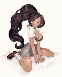 Rule 34 | 1girl, :q, alternate costume, black hair, blush, bra, breasts, cleavage, dark skin, dark-skinned female, green eyes, grey skirt, gwayo, large breasts, league of legends, long hair, nidalee, open clothes, open shirt, ponytail, shirt, shoes, short sleeves, sitting, skirt, smile, socks, solo, tongue, tongue out, underwear, white shirt