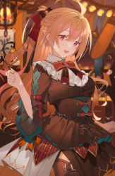 Rule 34 | 1girl, ahoge, black footwear, blurry, blurry background, boots, braid, brooch, brown eyes, collar, collared dress, commentary, crown braid, depth of field, dress, english text, frilled collar, frills, heiwa (murasiho), highres, holding, holding wand, jewelry, lantern, layered dress, long hair, looking at viewer, medium dress, neck ribbon, open mouth, original, pleated dress, pointy ears, red dress, red eyes, red ribbon, ribbon, smile, solo, standing, symbol-only commentary, thigh boots, thighhighs, wand, wing collar