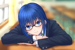 Rule 34 | 1girl, black-framed eyewear, black jacket, blue eyes, blue hair, blurry, blurry background, blush, bow, bowtie, buttons, ciel (tsukihime), closed mouth, collared shirt, commentary request, desk, glasses, green bow, green bowtie, hair between eyes, hozumiya (hozumi8), indoors, jacket, lips, long sleeves, looking at viewer, open clothes, open jacket, pink lips, school uniform, shirt, short hair, sidelocks, smile, solo, tsukihime, tsukihime (remake), uniform, white shirt, window