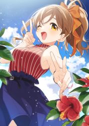 Rule 34 | 1girl, ;d, antenna hair, armpit crease, bare shoulders, belt, black belt, blouse, blue skirt, blue sky, booota, bow, bracelet, brown eyes, brown hair, cloud, cloudy sky, day, earrings, flower, foreshortening, hair bow, hibiscus, high-waist skirt, highres, jewelry, light particles, long hair, miyama suzune, nail polish, official art, one eye closed, open mouth, orange bow, outdoors, outstretched arm, pink nails, plant, ponytail, red shirt, ring, selection project, shirt, skirt, sky, sleeveless, sleeveless shirt, smile, solo, striped clothes, striped shirt, upper body, v, vertical-striped clothes, vertical-striped shirt, wavy hair, white stripes