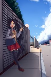 Rule 34 | 1girl, :d, absurdres, against wall, bag, black hair, black thighhighs, blue eyes, blue sky, boa (brianoa), brown footwear, brown vest, cloud, collared shirt, copyright request, day, fate/grand order, fate (series), grey shirt, highres, long hair, long sleeves, necktie, open mouth, outdoors, red necktie, red skirt, road, school bag, school uniform, shirt, shoes, shoulder bag, side ponytail, skirt, sky, smile, solo, standing, standing on one leg, street, thighhighs, tree, ushiwakamaru (fate), very long hair, vest, wall, waving, wing collar
