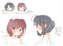 2girls awa_subaru bath black_hair blue_eyes blush breasts commentary girls_band_cry hair_up iseri_nina long_hair looking_at_another medium_breasts multiple_girls narin70 nude parted_lips purple_eyes red_hair same-sex_bathing shared_bathing short_twintails speech_bubble thought_bubble translation_request twintails wet wet_hair yuri