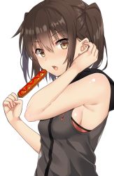 Rule 34 | 1girl, :o, adjusting hair, arm up, armpits, bare arms, bare shoulders, black hoodie, blush, bra, bra peek, breasts, brown eyes, brown hair, food, from side, hand in own hair, holding, holding food, hood, hood down, hoodie, kantai collection, ketchup, looking to the side, medium breasts, open mouth, orange bra, sausage, sendai (kancolle), shiny skin, short hair, short twintails, sideboob, simple background, sleeveless, sleeveless hoodie, solo, twintails, two side up, underwear, upper body, v-shaped eyebrows, white background, yuzuttan