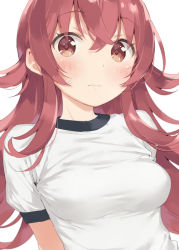 Rule 34 | 1girl, blouse, blush, breasts, commentary request, hair between eyes, highres, idolmaster, idolmaster shiny colors, kani biimu, komiya kaho, long hair, looking at viewer, red eyes, red hair, shirt, simple background, small breasts, solo, taut clothes, taut shirt, tight clothes, tight shirt, upper body, white background, white shirt