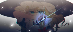 Rule 34 | 1girl, alternate eye color, aqua eyes, arm up, bagua, black shirt, blonde hair, chromatic aberration, commentary request, covering own mouth, diffraction spikes, glowing, gradient background, grey background, hat, highres, holding, holding weapon, kirisame marisa, light particles, long hair, looking at viewer, mini-hakkero, shirt, short sleeves, sleeve cuffs, solo, standing, touhou, trigram, upper body, very long hair, weapon, witch hat, yurigaoka nayuki