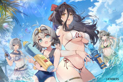 Rule 34 | 4girls, alternate costume, ash arms, belt, bikini, black hair, blue eyes, blush, breasts, cleavage, collarbone, commentary request, fang, goggles, goggles on head, grey hair, highres, kita (kitairoha), long hair, medium breasts, multiple girls, navel, one eye closed, open mouth, swimsuit, water gun, yellow eyes