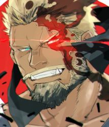 Rule 34 | 1boy, balor (housamo), beard, black hair, blood, blood on face, blue eyes, clenched teeth, close-up, facial hair, fangs, glowing, glowing eye, highres, hiraga0613, looking at viewer, male focus, multicolored eyes, mustache, prison clothes, shirt, simple background, smile, solo, teeth, tokyo houkago summoners