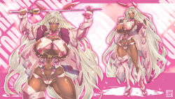 Rule 34 | armpor, blonde hair, breasts, cameltoe, dark-skinned female, dark skin, highres, holding, holding sword, holding weapon, huge breasts, impossible clothes, itou ittousai (sengoku bushouki muramasa), long hair, navel, pink background, purple eyes, sengoku bushouki muramasa, shiny skin, sword, sword over head, thick thighs, thighs, underboob, very long hair, virtualcity-ex, weapon