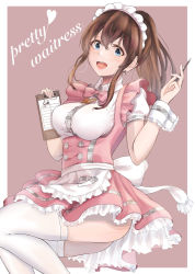 Rule 34 | 1girl, blue eyes, breasts, brown hair, clipboard, highres, holding, holding pencil, idolmaster, idolmaster million live!, izuminnu, large breasts, long hair, maid, maid headdress, open mouth, pencil, ponytail, satake minako, smile, solo, thighhighs, white thighhighs