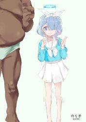 Rule 34 | 1boy, 1girl, arona (blue archive), blue archive, dark-skinned male, dark skin, double v, highres, interracial, looking at viewer, noriko (artist), simple background, tagme, v