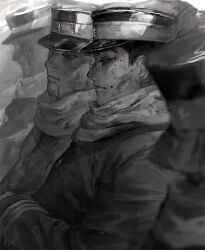 Rule 34 | 4boys, bags under eyes, blurry, blurry foreground, buzz cut, closed mouth, dirty, dirty clothes, dirty face, expressionless, faceless, faceless male, from side, golden kamuy, greyscale, half-closed eyes, hat, highres, imperial japanese army, jacket, kepi, light frown, lineup, long sleeves, looking ahead, male focus, military hat, mole, mole on cheek, monochrome, multiple boys, ogata hyakunosuke, osakanaman 7, profile, scarf, short hair, soldier, upper body, usami tokishige, very short hair