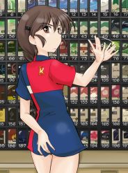 Rule 34 | 1girl, afterimage, blue shirt, braid, cigarette pack, circle k sunkus, closed mouth, collared shirt, commentary request, covering privates, covering ass, cowboy shot, employee uniform, from behind, frown, girls und panzer, hair ornament, hair over shoulder, hairclip, logo, long hair, looking at viewer, looking back, motion lines, multicolored shirt, red shirt, rukuriri (girls und panzer), rukuriritea, shirt, short sleeves, single braid, solo, standing, uniform, waving