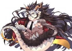 Rule 34 | 1boy, 1girl, black hair, black necktie, carrying, collared shirt, curled horns, dragon boy, dragon horns, dragon tail, earrings, fingernails, formal, furry, furry male, fuxi (housamo), hair between eyes, highres, horns, jewelry, kizami nori to yamaimo, loafers, long hair, looking at another, protagonist 2 (housamo), necktie, princess carry, purple eyes, red suit, school uniform, sharp fingernails, shirt, shoes, size difference, skirt, smile, suit, tail, tokyo houkago summoners, white background