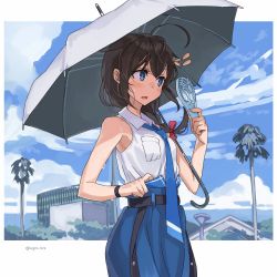 Rule 34 | 1girl, ahoge, belt, black hair, blue eyes, blue necktie, blue pants, blue sky, braid, breast pocket, cloud, commentary request, cowboy shot, day, dress, dress shirt, hair flaps, hair ornament, hair over shoulder, handheld electric fan, highres, kantai collection, looking at viewer, minifan, necktie, official alternate costume, outdoors, pants, pocket, shigure (kancolle), shigure kai ni (kancolle), shirt, single braid, sky, sleeveless, sleeveless shirt, solo, sugue tettou, sweat, umbrella, white shirt, white umbrella